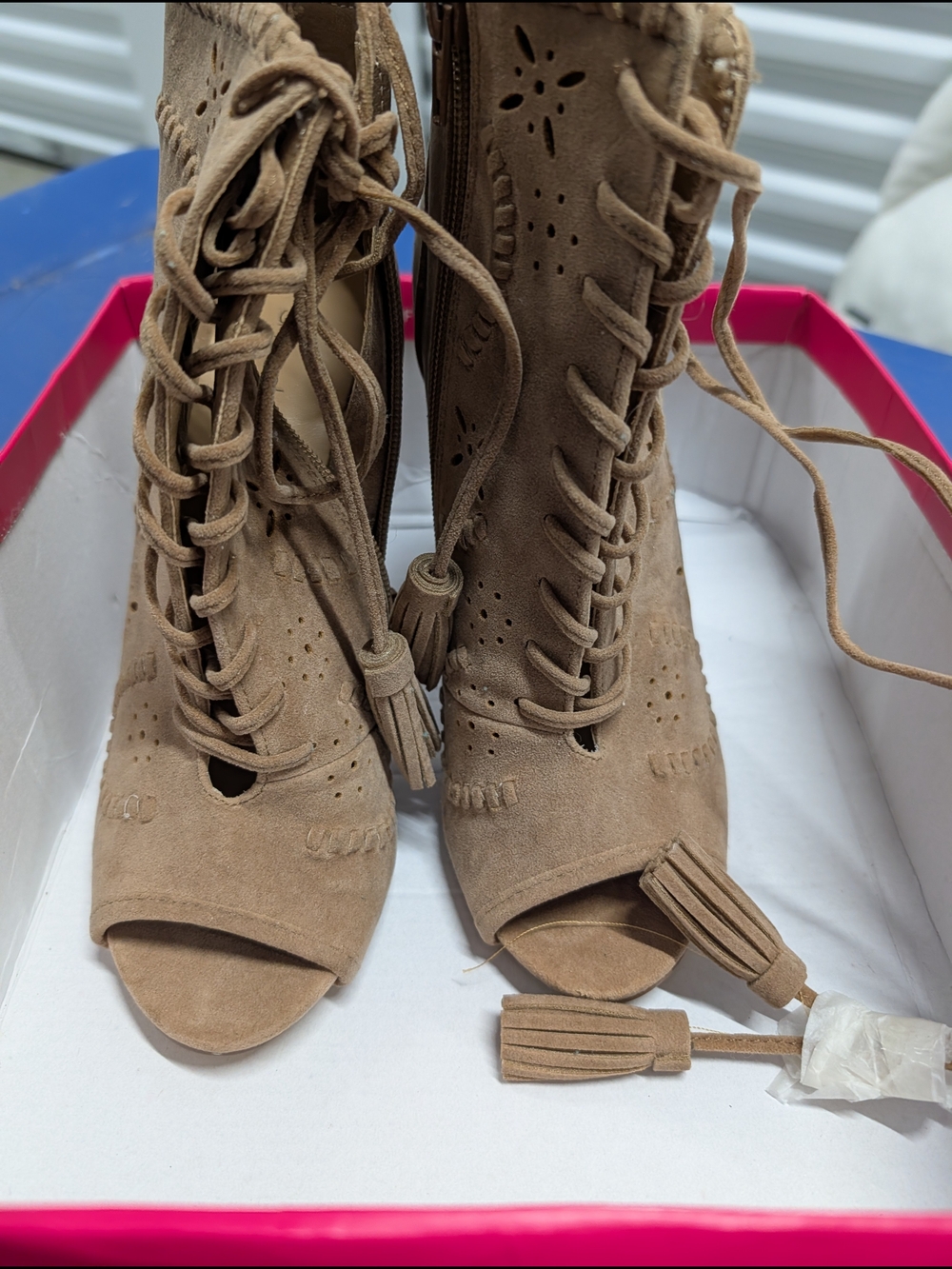 Shoe Dazzle Taupe Suede Lace-Up Peep Toe Heeled Booties Size 8
